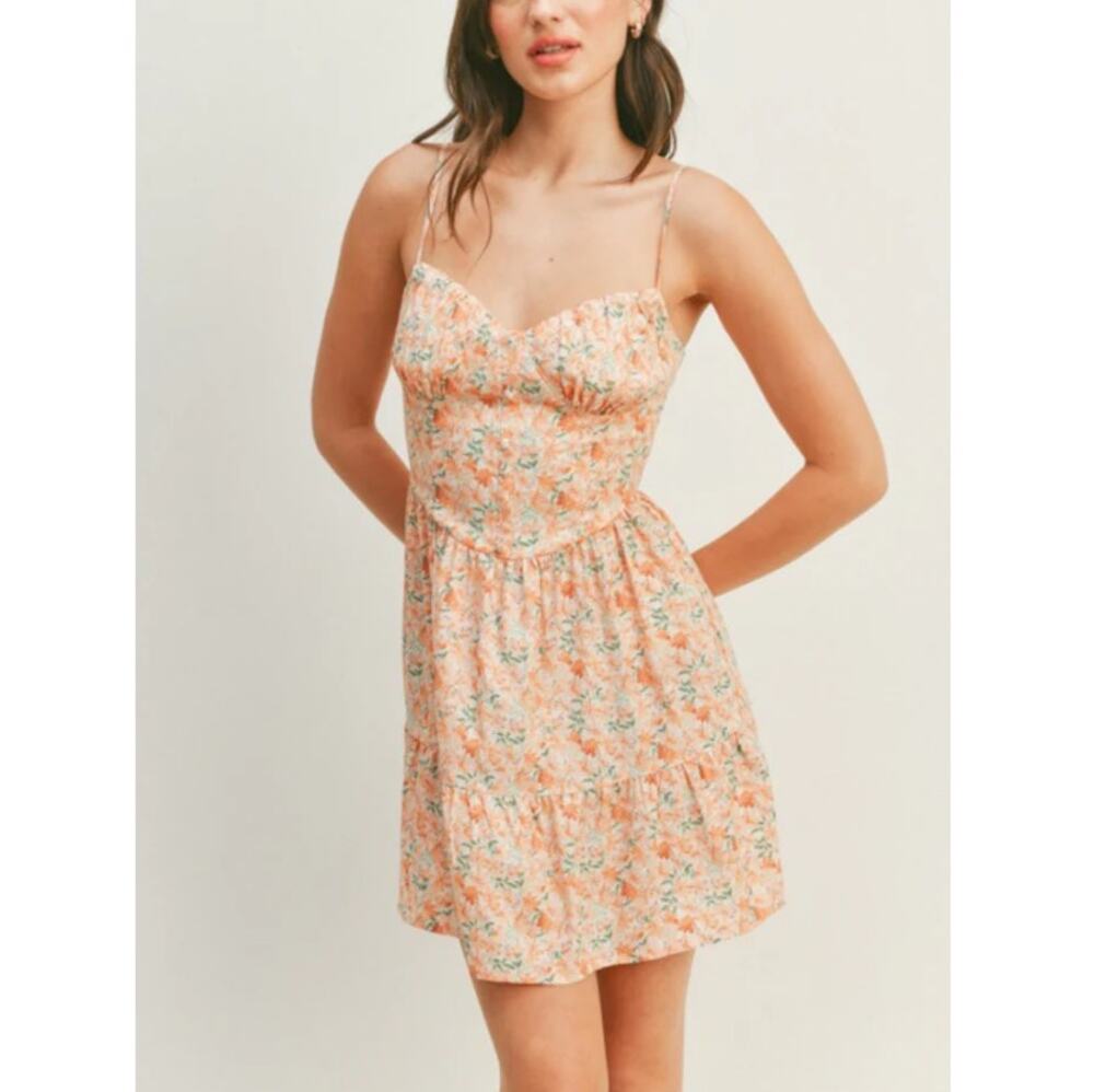 NEW ALL IN FAVOR Orange Floral Sleeveless Blossom Mini Dress Size L